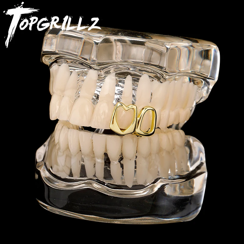 TOPGRILLZ Double Hollow Love Shaped Tooth Cap 14K Gold Plated Dental Grills Teeth Grillz For Women Men Halloween Jewelry