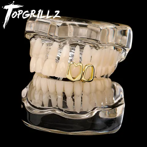 TOPGRILLZ 더블 할로우 하트 모양 치아 장식 14K 골드 도금 치과 그릴, 남녀공용 할로윈 주얼리 TOPGRILLZ 더블 할로우 하트 모양 치아 장식 14K 골드 도금 치과 그릴, 남녀공용 할로윈 주얼리