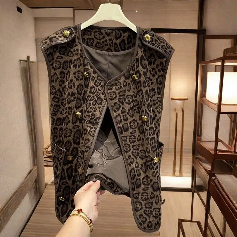 Fashionable Double-Row Button Leopard Print Vest Jacket Women's Spring Autumn Outerwear Trendy Shoulder Pad Top