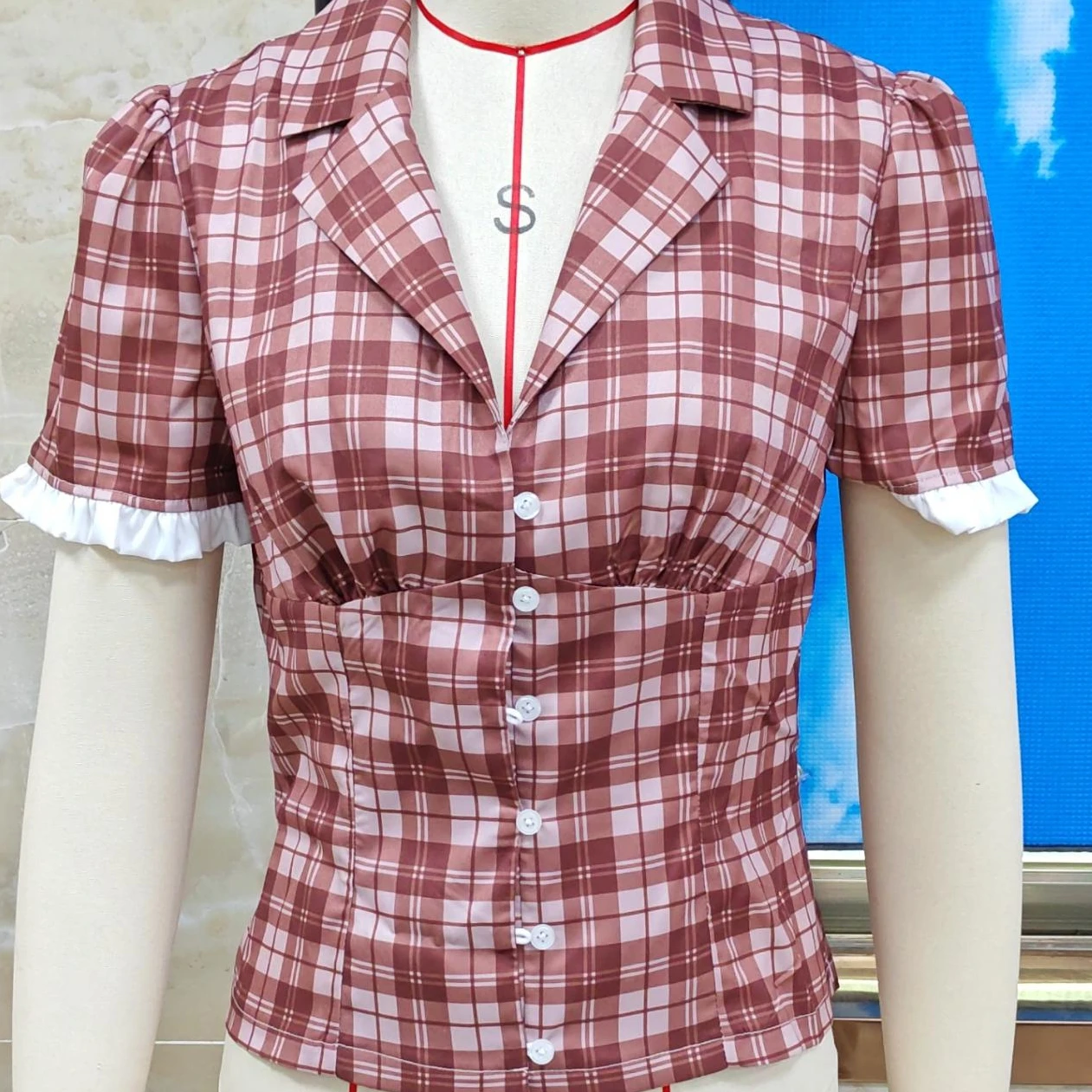 

Vintage Women Plaid Patchwork Shirt Slim Fit Lapel V Neck Short Sleeve Button-up Casual Tops Retro Clothes