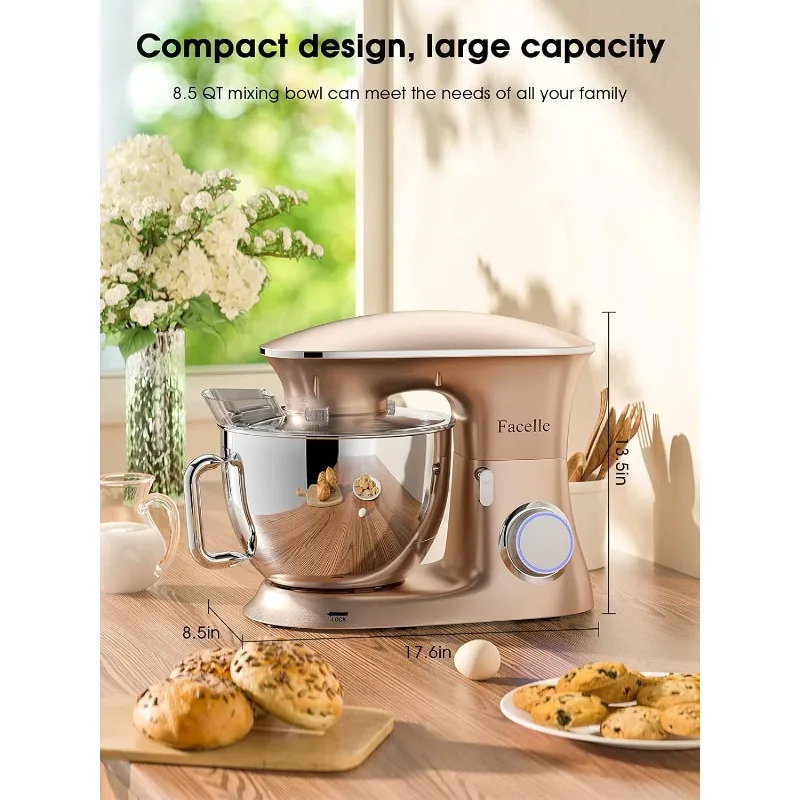 8.5Qt Kitchen Electric Stand Mixer,Facelle Cake Mixer 6-Speed 660W Tilt-Head Food Mixer w/ Beater,Dough Hook&Wire Whip,Champagne