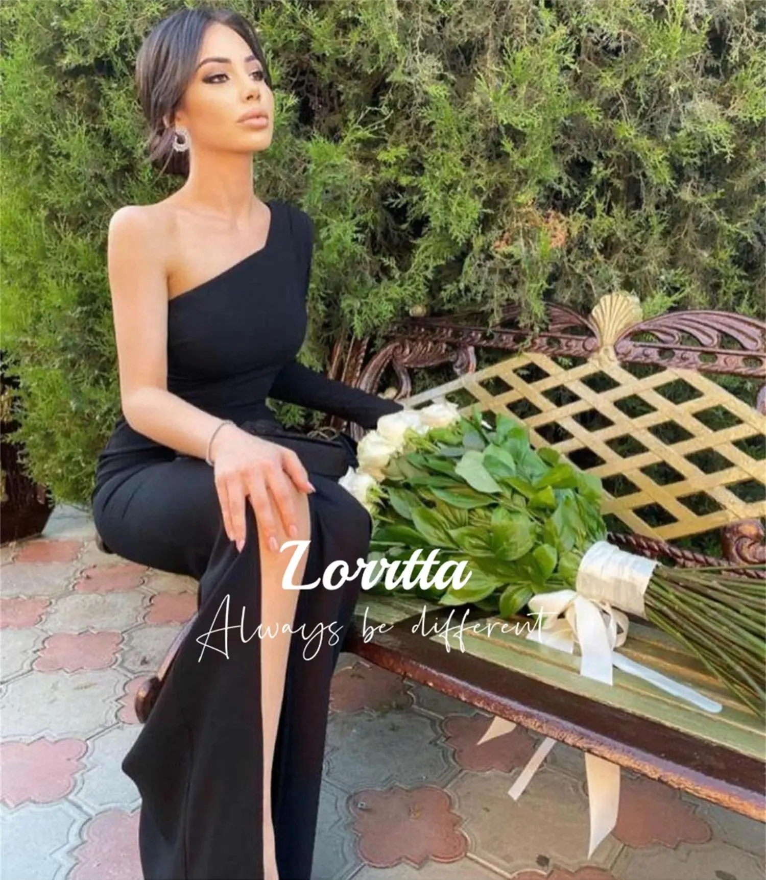 Lorrtta Vintage Long Black Evening Gown Sleeves Mermaid One Shoulder Side Slit Floor Length Formal Women's Party Dress Elegant