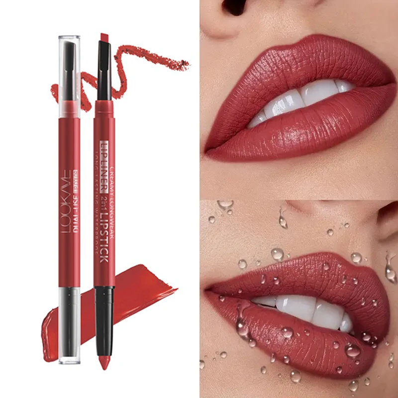 Rossetto opaco a lunga durata e matita per labbra a doppia estremità, a prova di sbavature 8 tonalità precise Design idratante opaco a doppia estremità