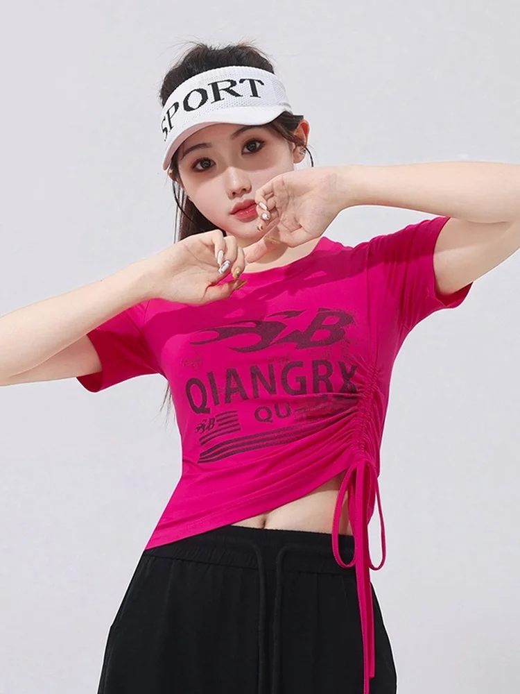 スリムフィット夏薄型スクエアダンス-tシャツ半袖ファッショナブルなモーダルスポーツウェア女性のためのダンスフィットネスエクササイズ服
