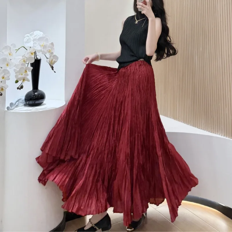 

Плиссированная длинная юбка Miyake для женщин, новинка 2026 года, свободная, асимметричная, с бисером, больших размеров, эластичная, в стиле полуплатья, для выступлений и костюмов