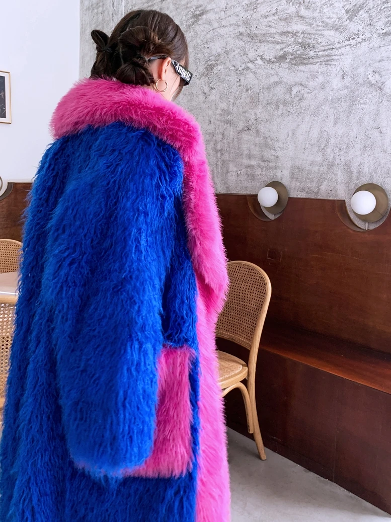 Original Design Royal Blue and Rose Red Faux Fur Coat Female Eco-friendly Long Jacket Lady Shaggy Outerwear Women\'s Winter Coats