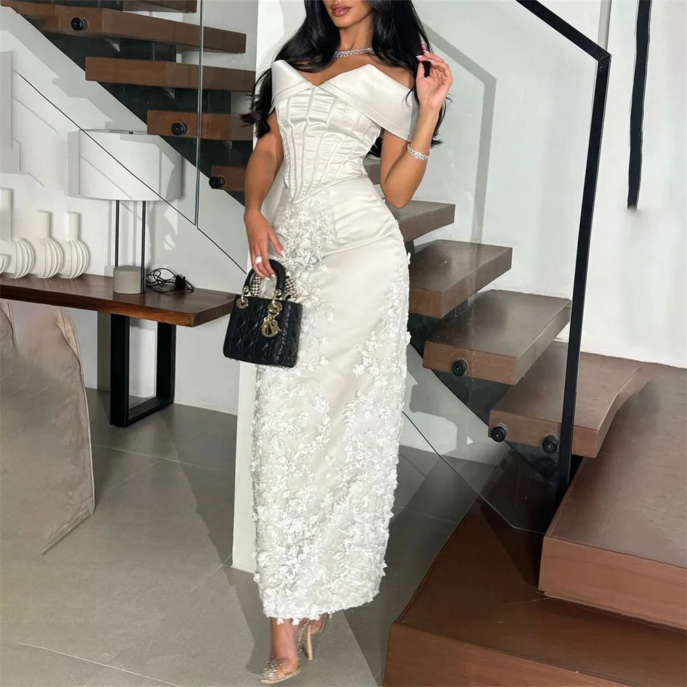 

Customized High quality Formal Classic Lace Appliques Corset Off Shoulder Ankle Length Prom Dresses Straight Evening Dress