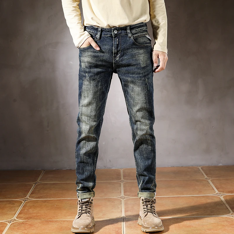 Calça jeans azul masculina com alongamento cansado streetwear jeans masculino para bicicletas casuais pés finos