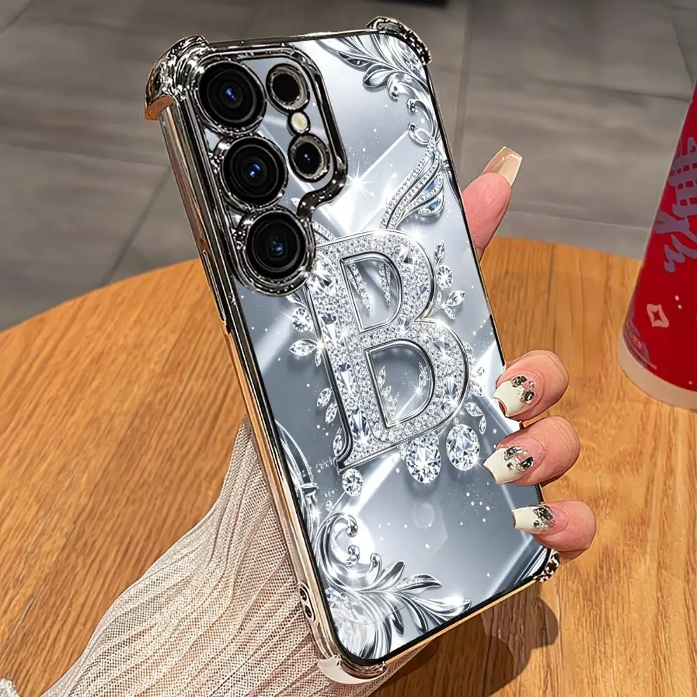 Silver Diamond Letter B Electroplated Soft shell phone case for Samsung Galaxy S26 S25 S24 S23 S22 FE,Ultra,Plus Drop resistant