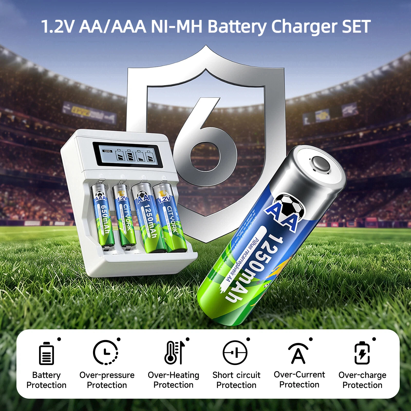 CITYORK 4-8PCS 1.2V AA AAA NI-MH Battery Charger SET 2A 1250mAh 3A 650mAh Rechargeable Battery, 4-Slots LCD Smart Battery