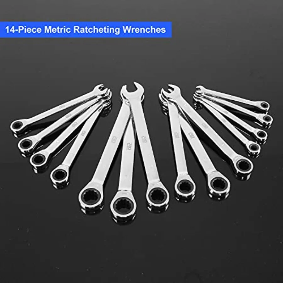 Prostormer 14-Piece Ratcheting Combination Wrench Set 6-19mm Metric Ratchet Wrenches Combo Cr-V Steel 72-Tooth Wrench Kit with