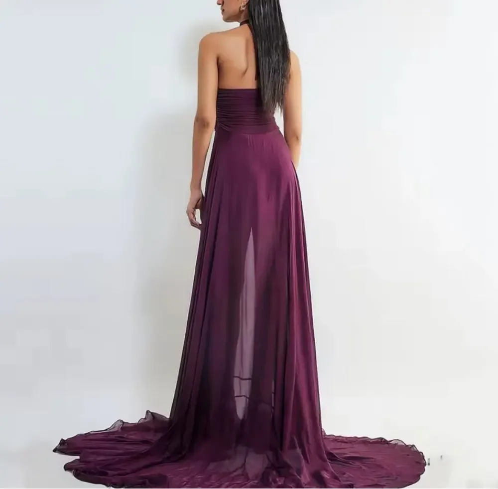 CustomizedCustomized Classic Purple Evening Dress Modern Style Halter Sleeveless Party Dresses A-Line Sweep Train Saudi Arabia P