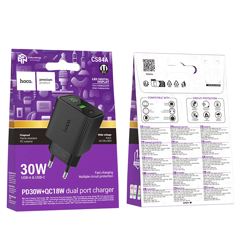 HOCO PD30W Szybka Ładowarka USB C do Telefonu iPhone 16 15 Adapter Ścienny Quick Charge z Cyfrowym Wyświetlaczem LED do Samsung S25 — zdjęcie produktu 6