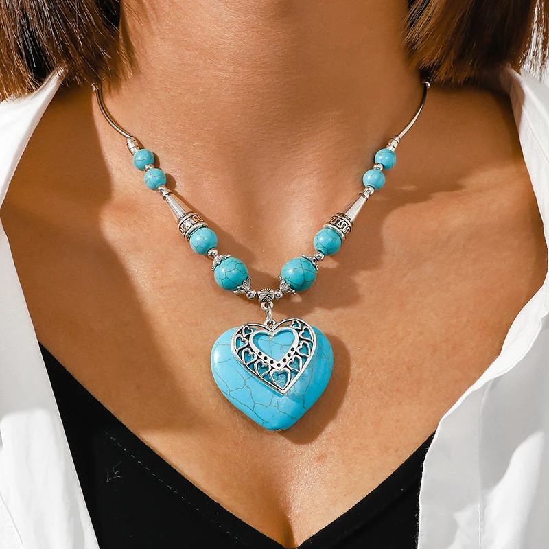 Aihua Maxi Big Statement Natursteinperlen Herzen Halsketten & Anhänger für Frauen Böhmischer Schmuck Geschenke – Detail 6
