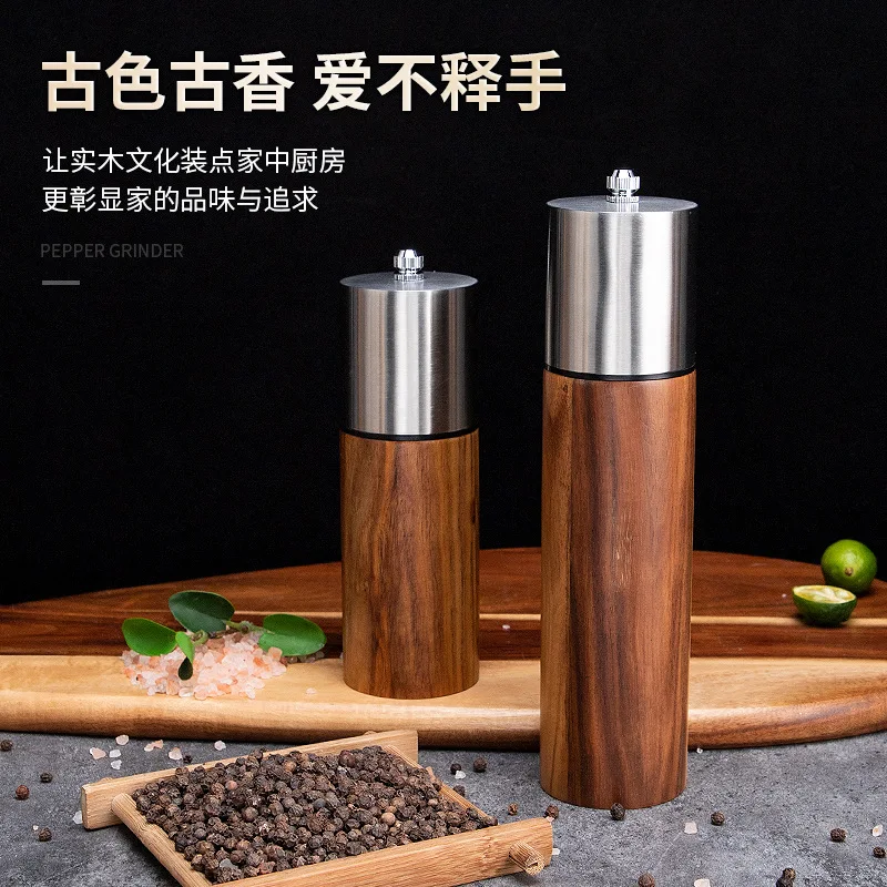 Acacia cylindrical bottle with stainless steel cap adjustable ceramic core household manual grinder Kitchen tools
