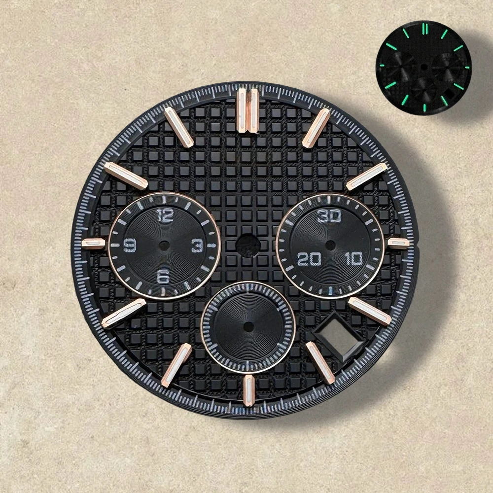 31.8 มม.S โลโก้ PANDA สามตา Dial Fit VK63 การเคลื่อนไหวสีเขียวส่องสว่างคุณภาพสูง Dial นาฬิกาการปรับเปลี่ยนอุปกรณ์เสริม