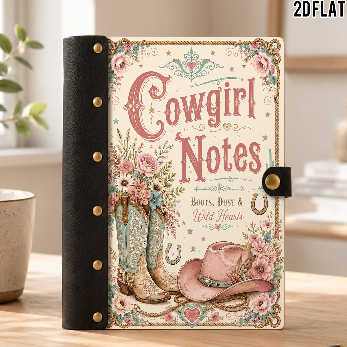 1PC 2DFlat Wooden Notebook, Hardcover Cowgirl Notes Pink Boot Hat Wildflower Rope Frame Print, 100 Pages With Leather Rivet Craf
