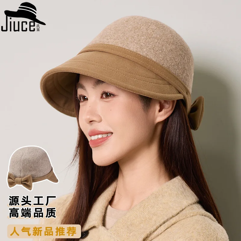 Autumn Winter Warm Retro Duckbill Cap Casual Versatile Elegant eye-catching Small Bow Large Brim Fisherman Hat Gorros 4m712