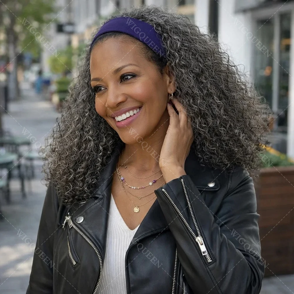 

Парик-полупарик Soul Lady Afro Kinky Curly без клея, цвет соленый перец, не спутывается, легкий, из натуральных волос, с повязкой на голову, для женщин