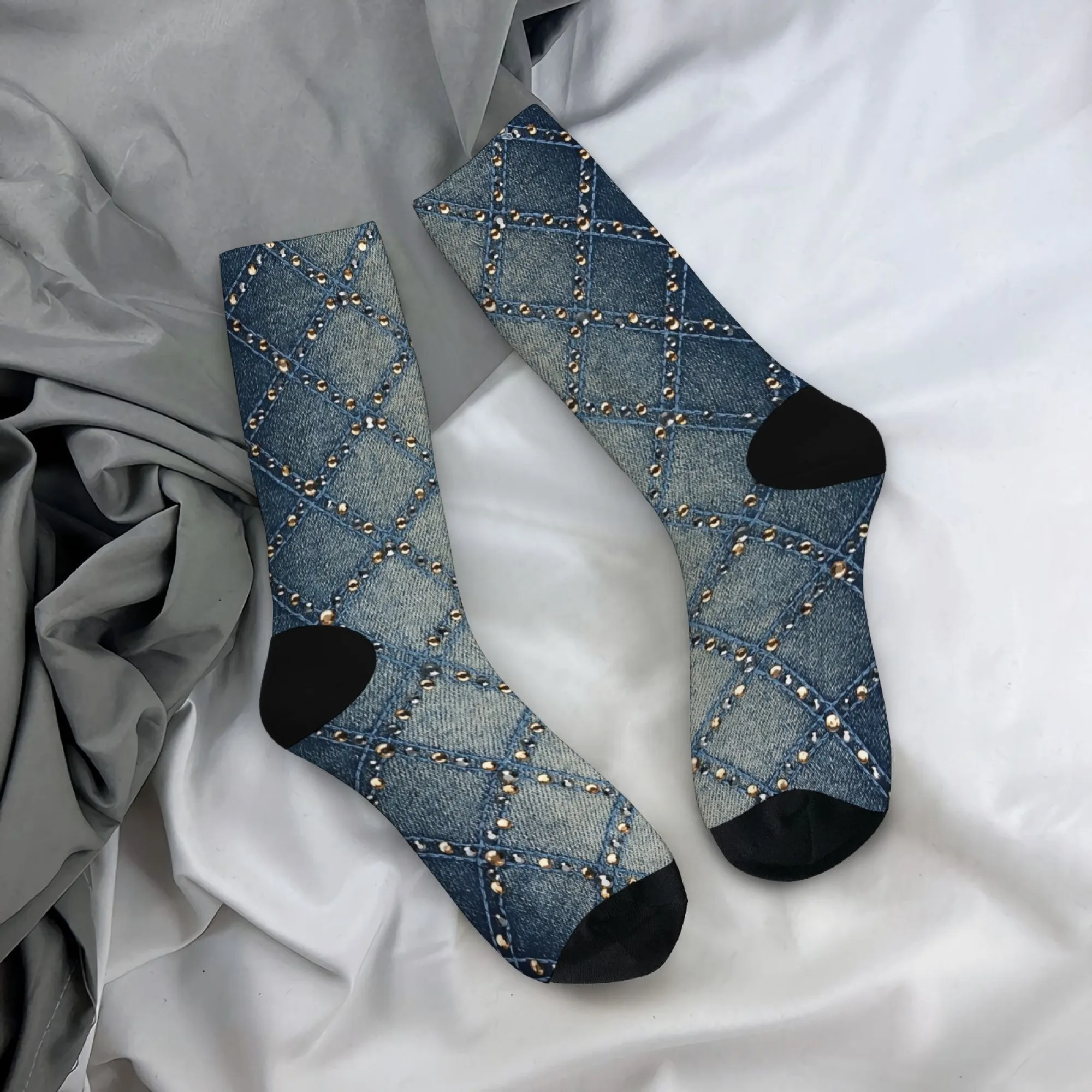 الدنيم نظرة طباعة طاقم الجوارب مع ترصيع الذهبي اللحف غرزة نمط الكاحل الجوارب الرجعية الشرير نمط الجوارب للرجال الجوارب الموضة