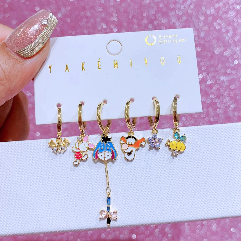 MIGGA 6pcs Mix and Match Cartoon Tiger Pig Dangle Earrings Set Gold Color Plated Women Party Jewelry