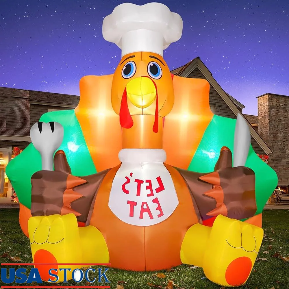 

Thanksgiving Inflatable Turkey Yard Decor 6FT LED Lights Blow Up Inflatable Decoration Chef Hat Outdoor Indoor Holiday Fun
