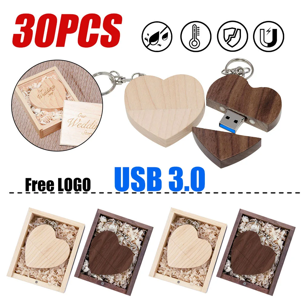 30pcs/lot Wooden Heart USB 3.0 Memory Stick Pen Drive Custom Logo 8GB 16GB 32GB 64GB 128GB Usb Flash Drives Photography Gift