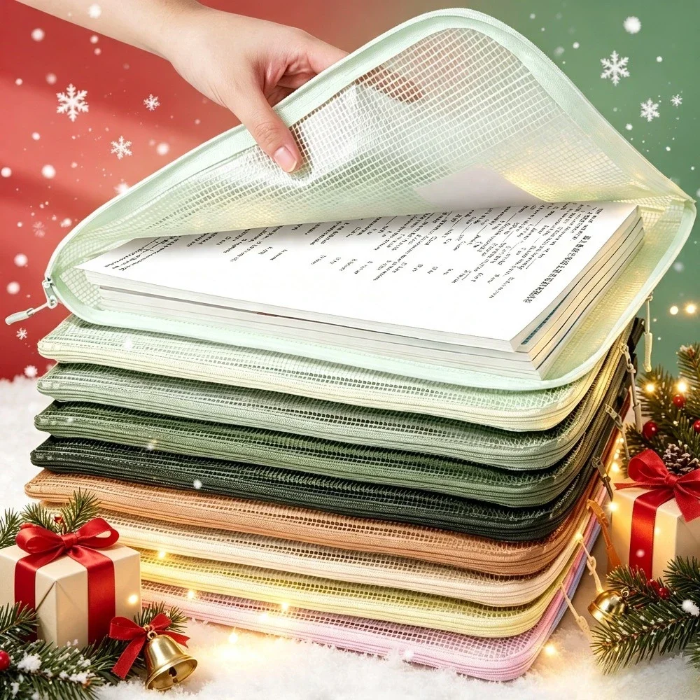 5pcs A4 L-Shaped Clear Mesh Zipper Document Pouches with Label Pocket, Wide Opening Large Capacity File Storage Bags,Mesh Folder