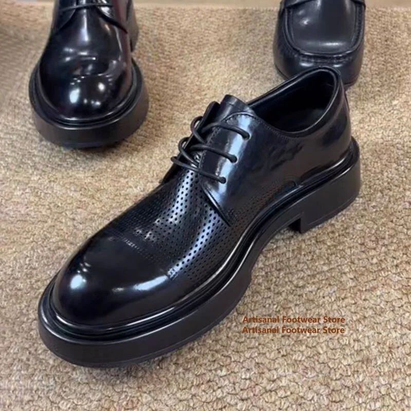 

Thick-Soled Hollow Out Leather Casual Shoes Men's Breathable Cowhide Round Toe Business Derby Shoes Men's Leather Shoes