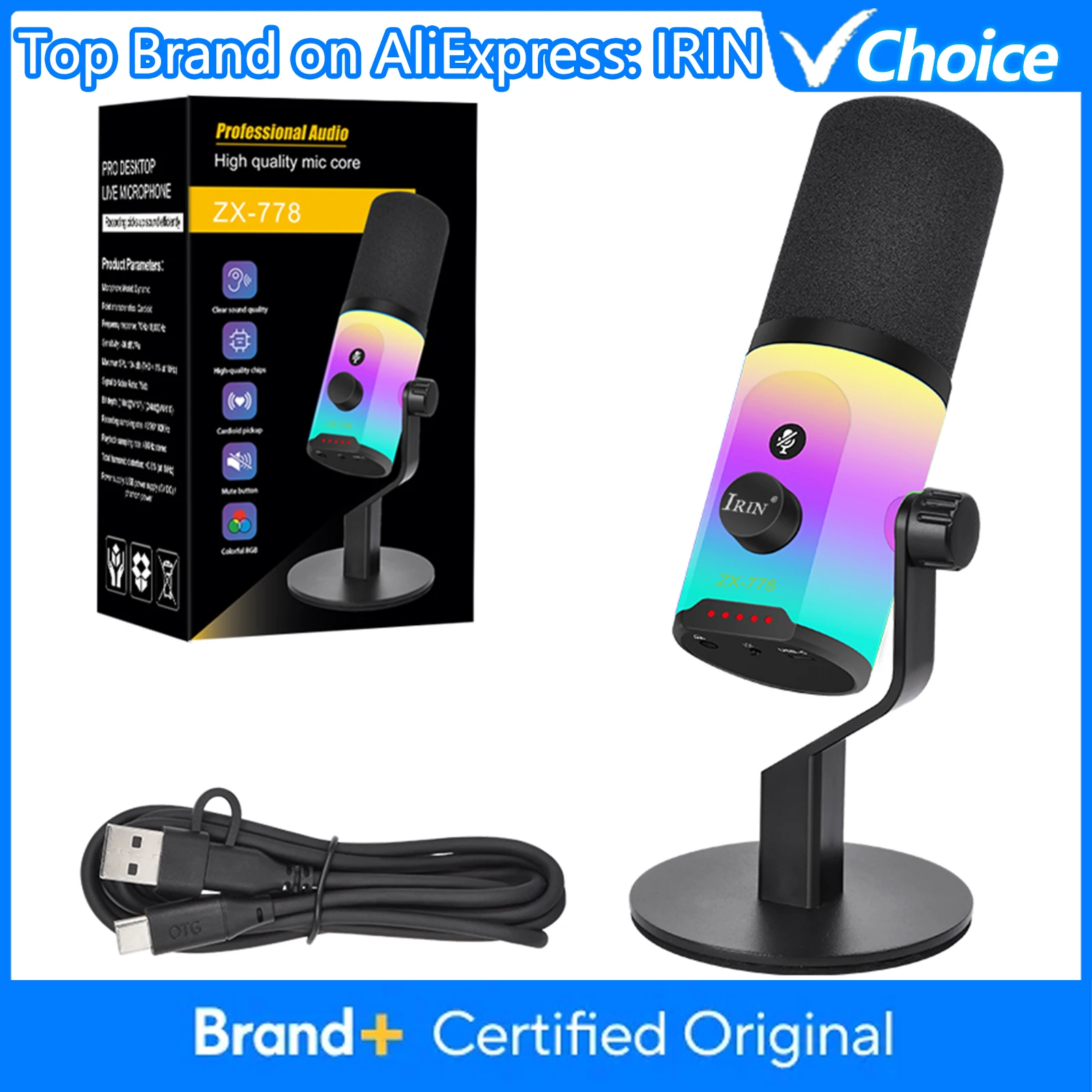 IRIN ZX-778 Dynamic Microphone Professional Streaming Microphone Gain Control for Live Gaming Streaming Podcast Recording