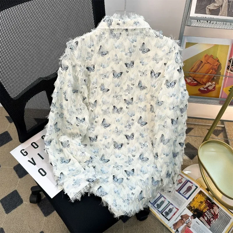 

Tassel Butterfly Shirts Women Couple Designed Long Sleeve Niche Tops American Trendy Single Breasted Aesthetic Baggy Outwear Ins