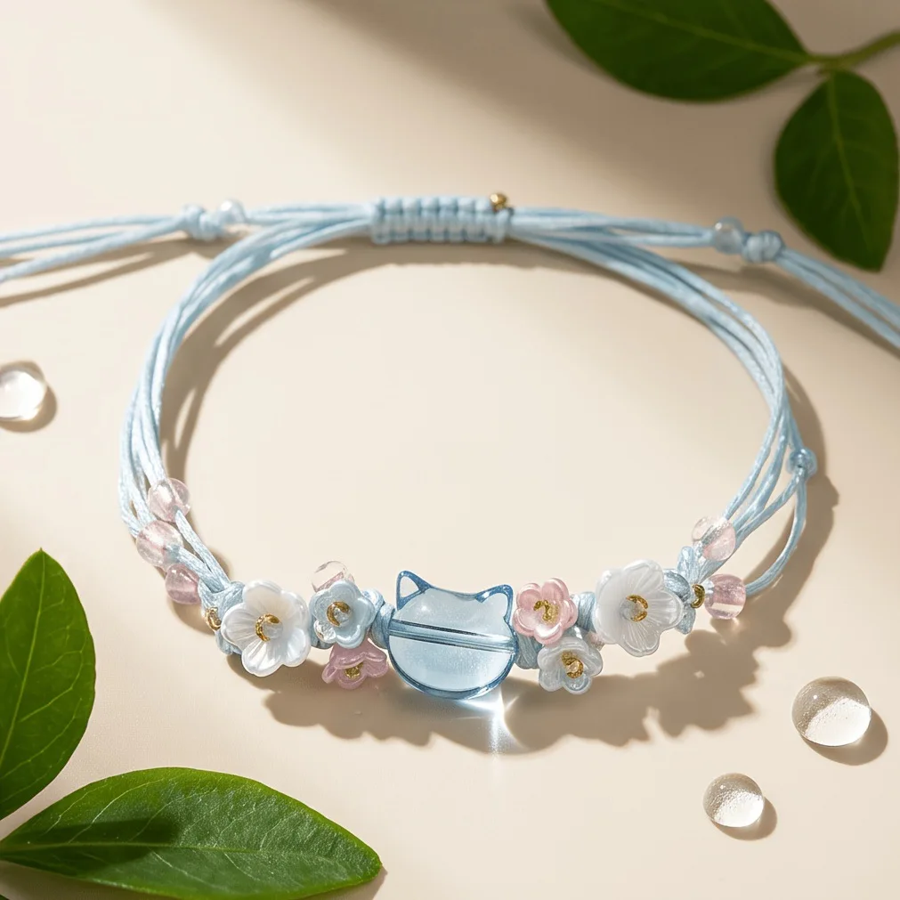 Chinese Style Lucky Fortune Glazed Cat Head Floral Beaded Adjustable Braided Cord Bracelet Blessing Jewelry For Women Teen Girls