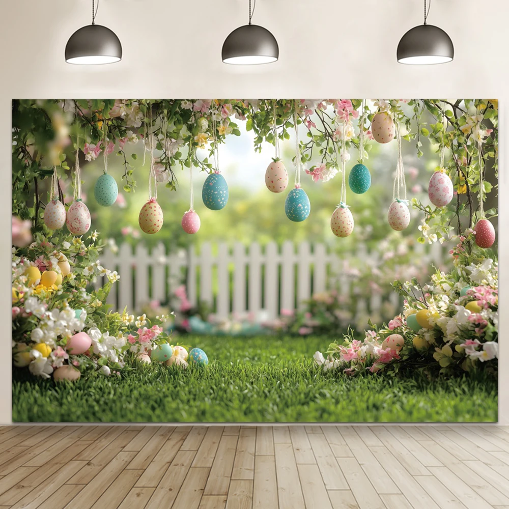 부활절 장식 정원 계란 배경 용수철 울타리 벚꽃 나무 다채로운 계란 바구니, 아이 초상화 배경 사진 스튜디오