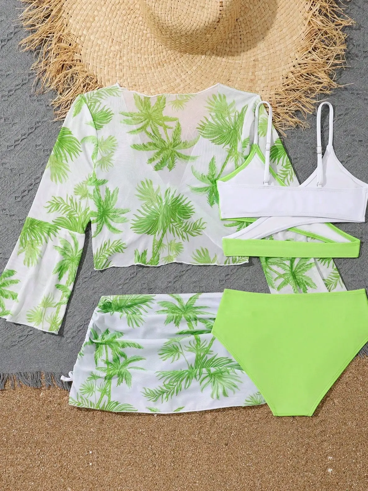 4 Pieces Bikini Top & Skirt 2025 Girls Swimsuit Kids High Waist Swimwear Children Bathers Bathing Swimming Swim Suit Beachwear