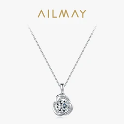 Ailmay Genuine 925 Sterling Silver Luxury Sparkling Zircon Flower Pendant Necklace For Women Wedding Engagement Jewelry Gift