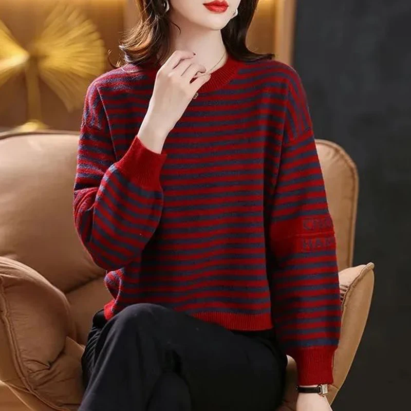 2023 Women Korean Style Striped Letter Chic Elegant Knitted Sweater Female Simple Casual Long Sleeve Pullover Tops Loose Jumpers