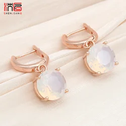 SHENJIANG New Fashion Classic 585 Rose Gold Color Round White Opal Dangle Earrings For Women Wedding Party Simple Trendy Jewelry