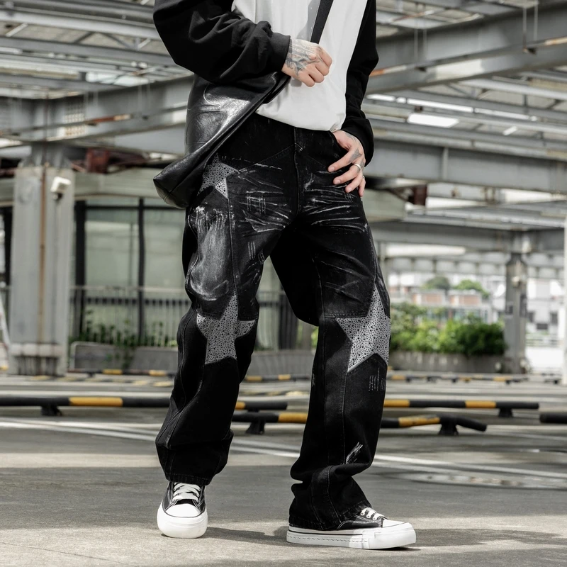 

YY18006 Новая модная технология горячего тиснения пентаграммы в американском стиле для свободных прямых джинсов