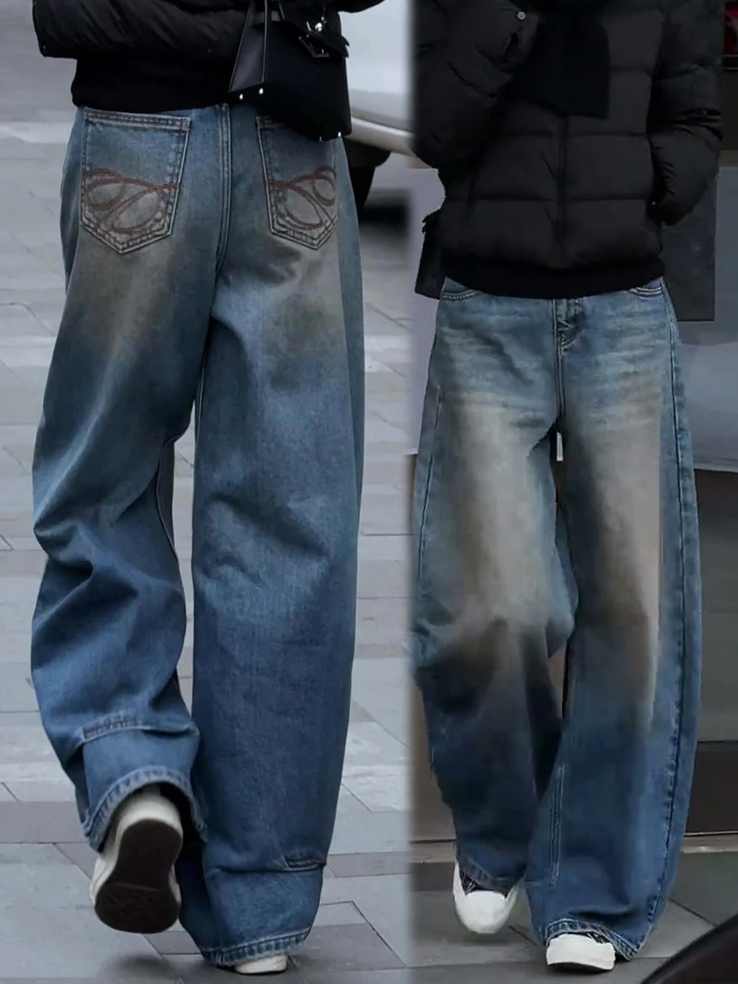 

High Waist Slimming Embroidered Fleece Wide Leg Jeans Women's Casual Straight Cut Cotton Polyester Blend Winter Spring Autumn