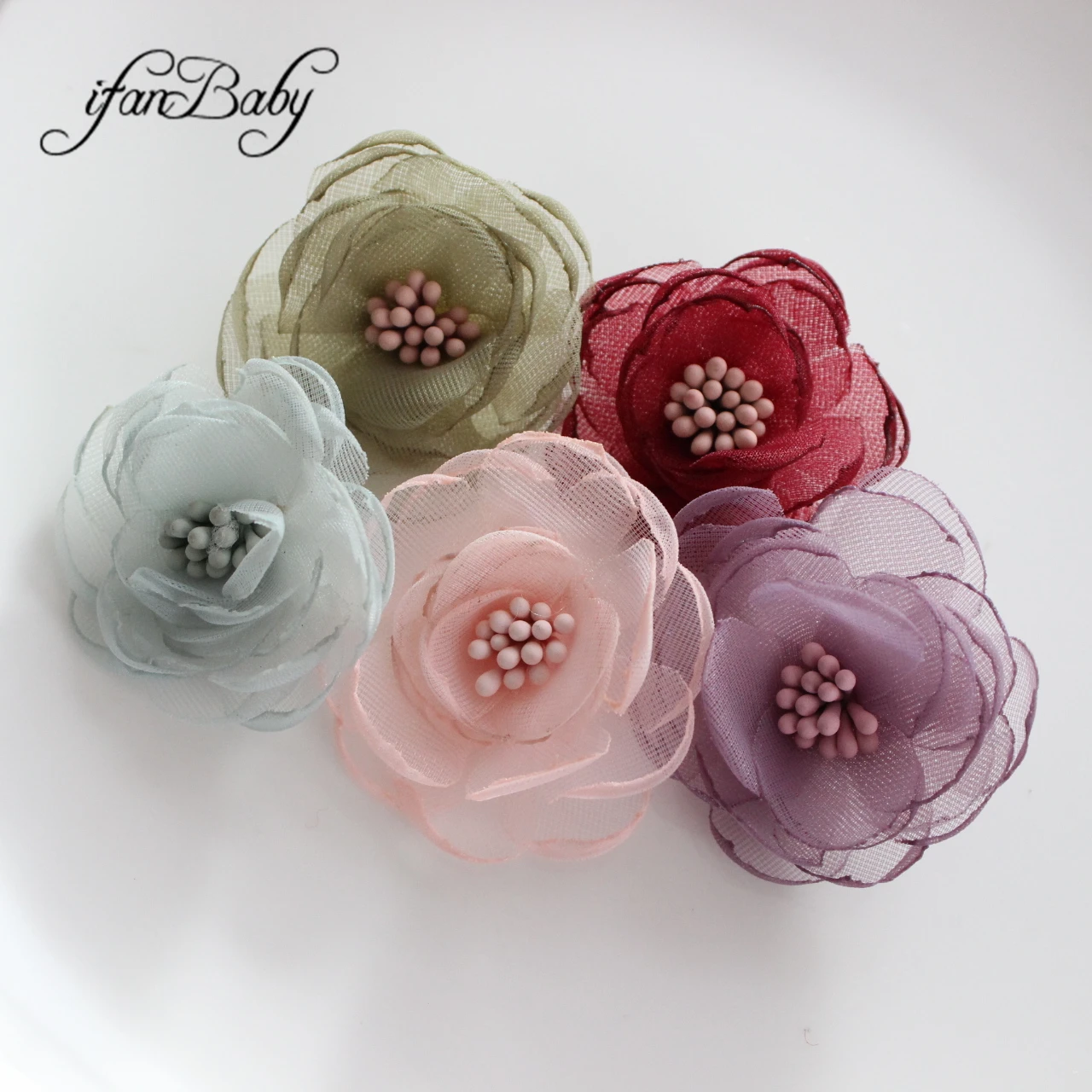 Fashion Organza Fabric Hair Flowers With Stamens In Center For DIY Craft Hair Accessories Singed Burnt Flowers