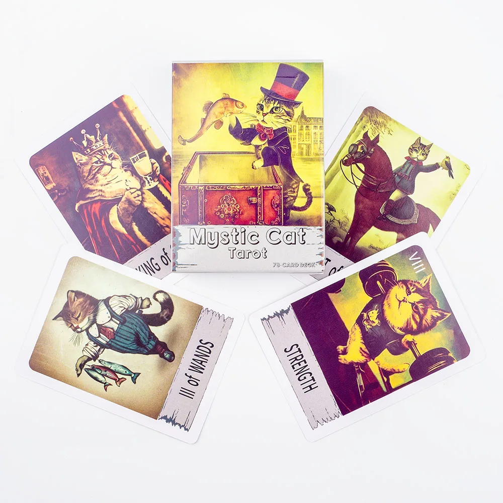 

Колода карт Таро «Мистический кот», английская версия, 78 карт, 8,9*6,4 см, яркие, яркие цвета, для гадания и игр.