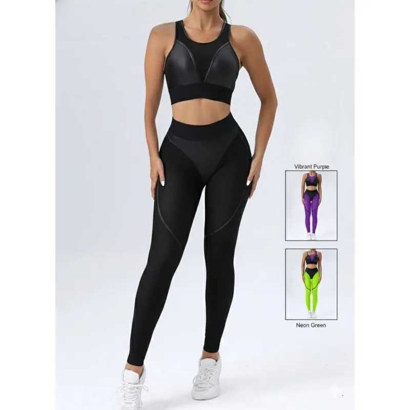 

Krisnanas U-collar Yoga Suits Women Pu Patchwork Mesh Tanks Tops+skinny Hip Lifting Pants Breathable 2 Piece Pants Sets 155116