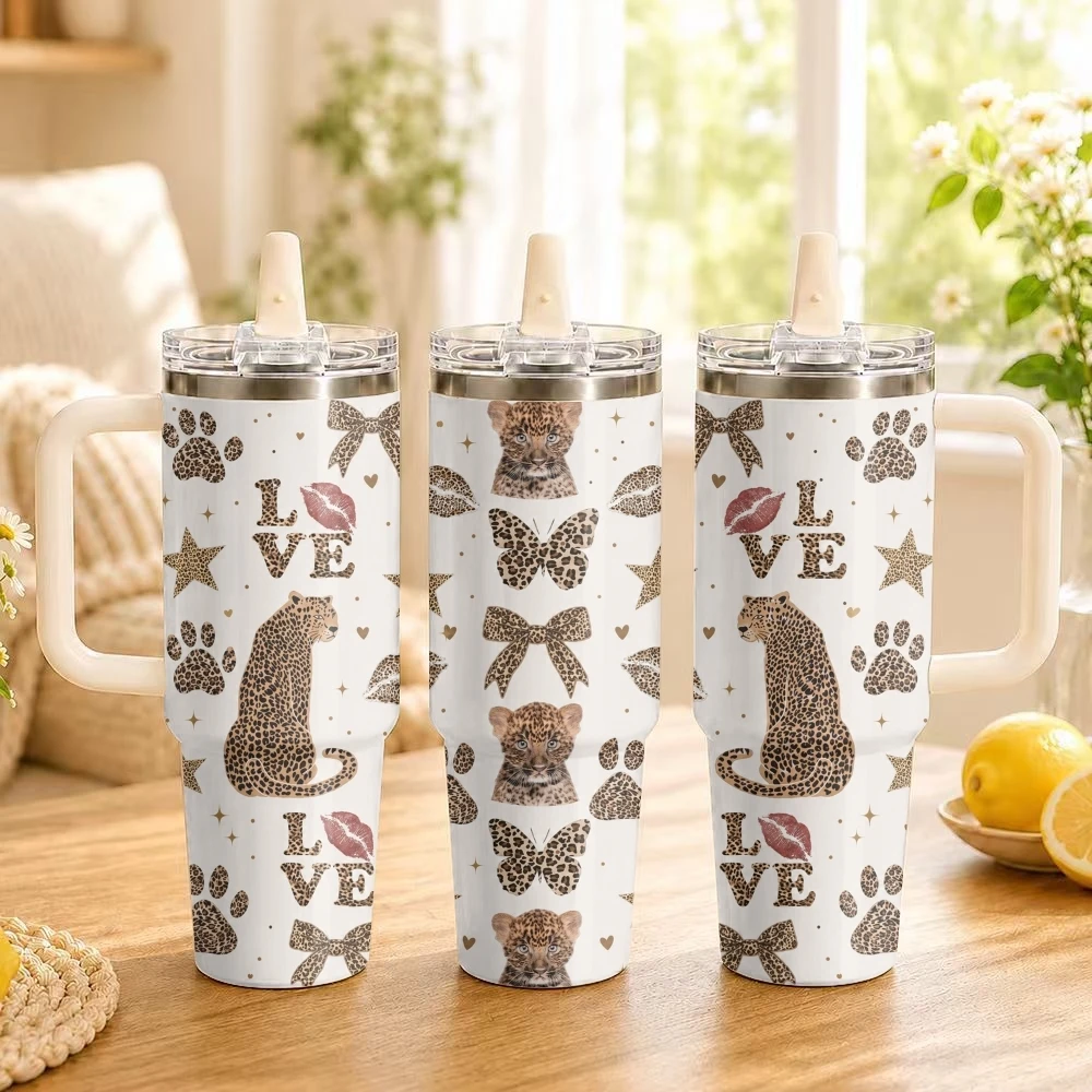 Pink Leopard Print Vacuum Flasks 40oz Thermal Tumbler with Handle Stainless Steel Vacuum Insulated Leak Proof Travel Mug