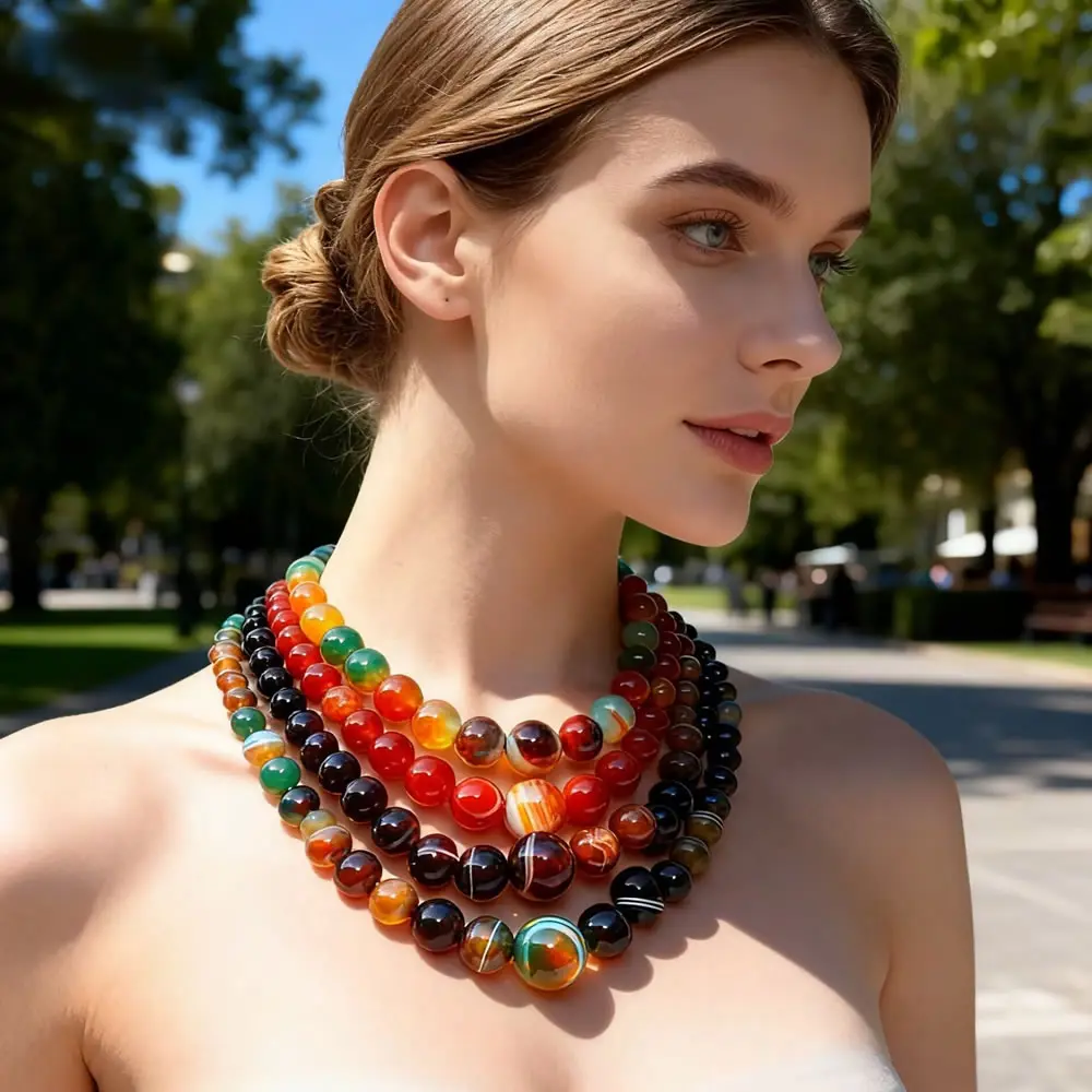 Natural Botswana Agat Charm Fashion Jewelry Mulitcolor Carnelian 6-16mm Round Beads Woman Men Necklace 21