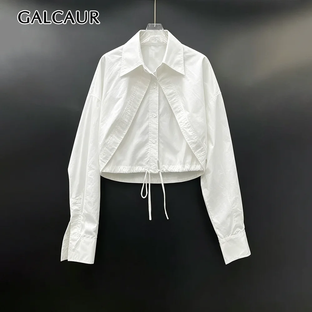 GALCAUR Drawstring Spliced Stitched Loose Blouse for Women Lapel Collar Long Sleeve Patchwork Button Casual Blouses Female Style