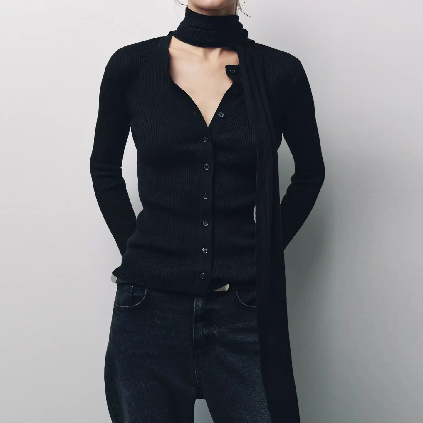 

Sweet Sle Knitted Scarf Ribbed Personali Women's Coat Z 2025 Autumn New Arrival Long Sve High Collar Pure Color