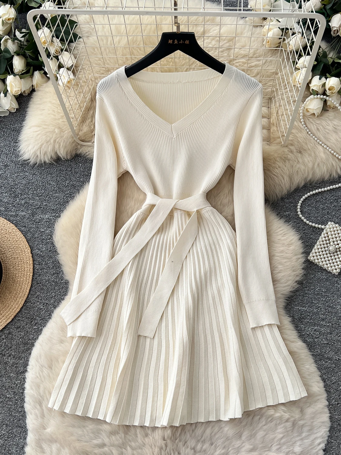 Korean Style V-Neck Knitted Dress Long Sleeve Slim Fit A-Line Skirt Commute Waist Cinch Versatile Dresses for Women 2026 Autumn