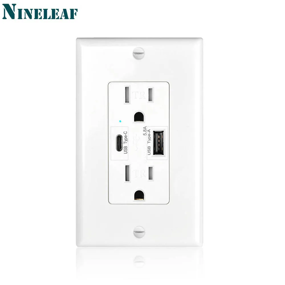 NineLeaf 4.2/5.8A Wall Dual USB พอร์ตประเภท C Outlet Tamper Resistant ซ็อกเก็ตสำหรับ Apple Samsung XIAOMI Huawei อุปกรณ์ใช้