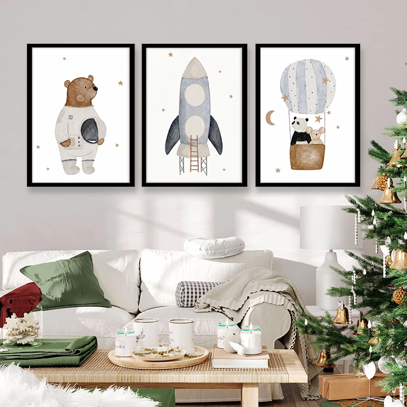 Neutral Watercolor Space Animal Canvas Wall Art Set Astronaut Bear Rocket Hot Air Balloon Panda Print Boy Nursery Playroom Decor