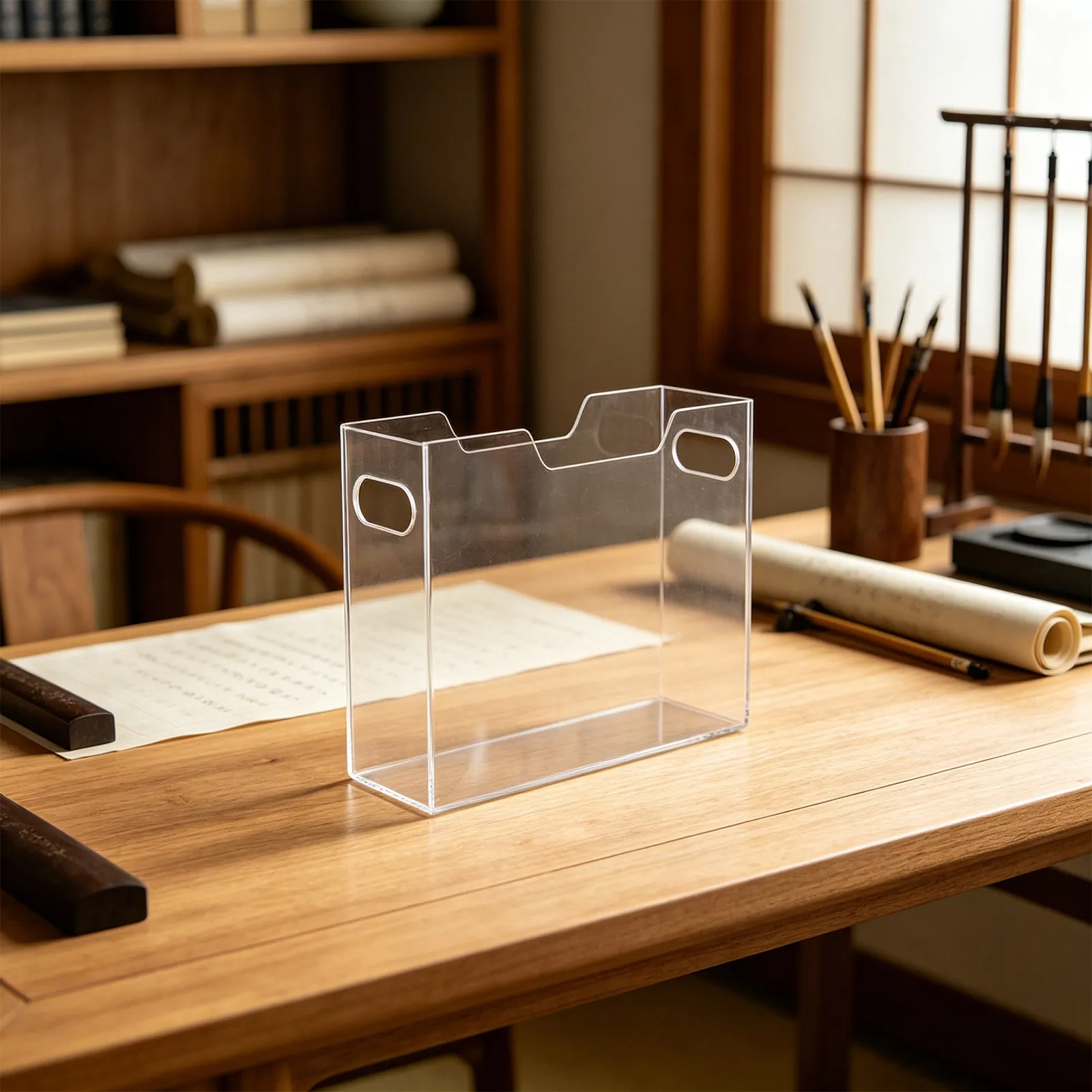 Acrylic File Holder Clear Desktop File Organizer Rack Filing Crates Handles Portable Office Document Folder Storage Box 12x10